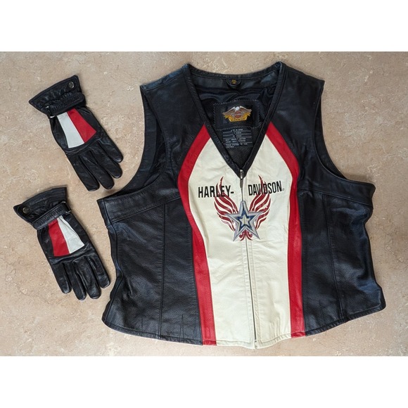 Harley-Davidson Jackets & Blazers - VTG Harley Davidson Women 2XL Leather Motorcycle Vest Gloves Set Black Red White
